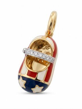 AARON BASHA 18K Yellow Gold Enamel Pave Diamond America Baby Shoe Pendant Charm